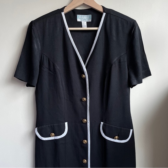 Vintage dress short sleeve buttons contrast white trim decorative pockets Sz 10 - Picture 5 of 9